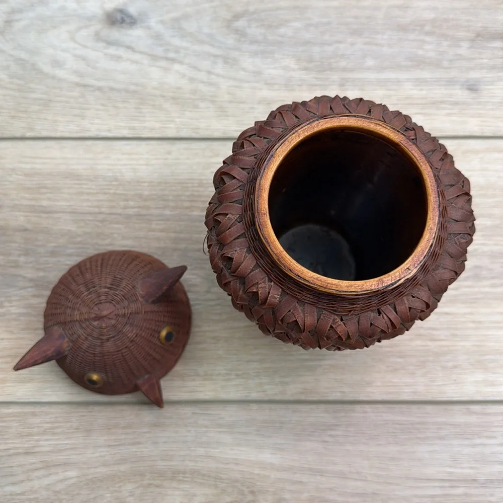 Vintage Owl Basket Jar‎ Figural Wicker Owl Boho Woodland Cottagecore Cabin